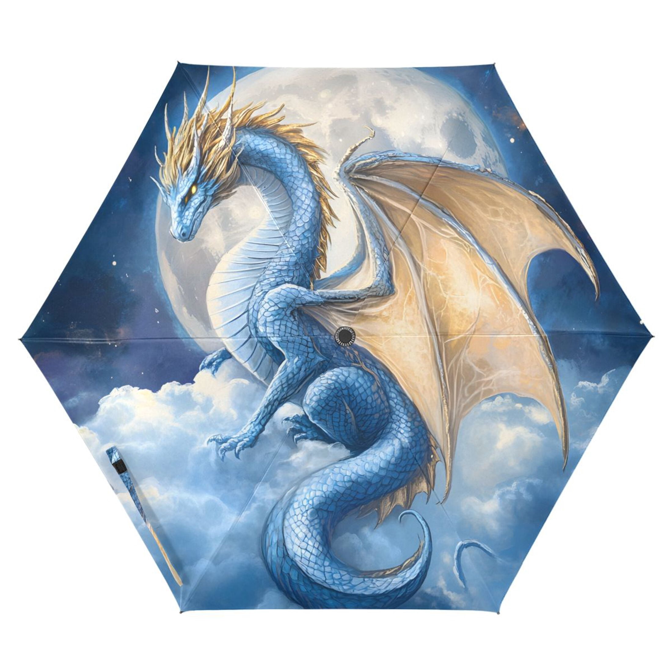 Dragon with Wing on Cloud Moon All Weather Umbrella Triple Folding Parasol 6 Ribs UV Protection Portable