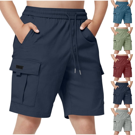 Pretxorve Kids Boys Cargo Shorts Summer Solid Elastic Waist Loose with Side Pockets Casual Bottoms Sizes 5‑15Y