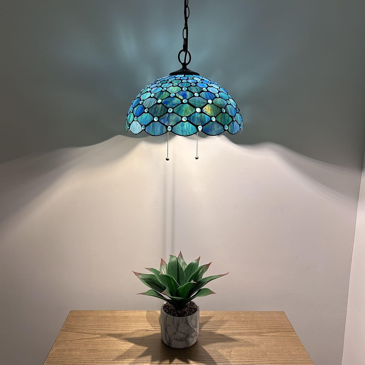 Tiffany Pendant Lights Fixture Blue Stained Glass Crystal Beans LED Bulb Included for Dining Room Hotel Restaurant Cafe 16"W*16"D*75"H