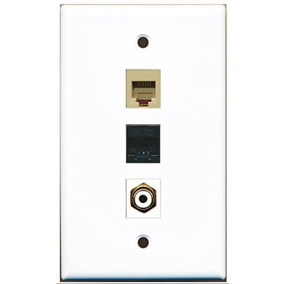 RiteAV - 1 Port RCA White and 1 Port Phone RJ11 RJ12 Beige and 1 Port Cat5e Ethernet Black Wall Plate