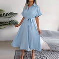 thumbnail image 4 of QUYUON Mini Dresses for Women Summer Casual Ruffle V-Neck Short Sleeve Babydoll Dress Front Tie Knot Solid Color Pleated A-Line Short Dress Beach Sundress Style D-1726 Light Blue M, 4 of 9