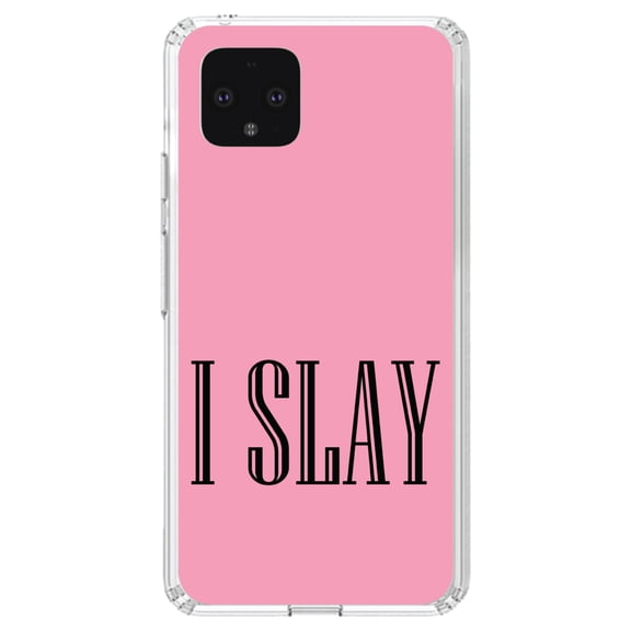 DistinctInk Clear Shockproof Hybrid Case for Google Pixel 4 XL (6.3" Screen) - TPU Bumper, Acrylic Back, Tempered Glass Screen Protector - Black Pink "I Slay"