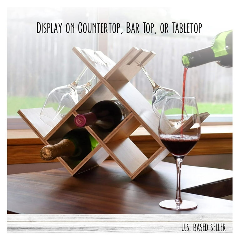 Drevy Countertop Wine Rack with Glass Holder 3 Bottle Bamboo Wine Storage Racks Small Table Top Wine Holder with Space for 4 Glasses Standing Wooden Bottle Storage Organizer for Bar Top Walmart