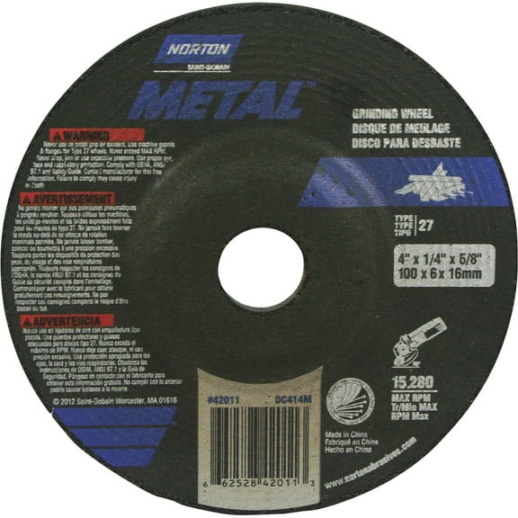 Norton Metal Grinding Wheel, 4in. Dia., 13,500 RPM
