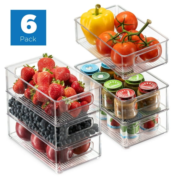 Set Of 6 Refrigerator Organizer Bins - Stackable Fridge Organizers with Cutout Handles for Freezer, Kitchen, Countertops, Cabinets - Clear Plastic Pantry Food Storage Rack