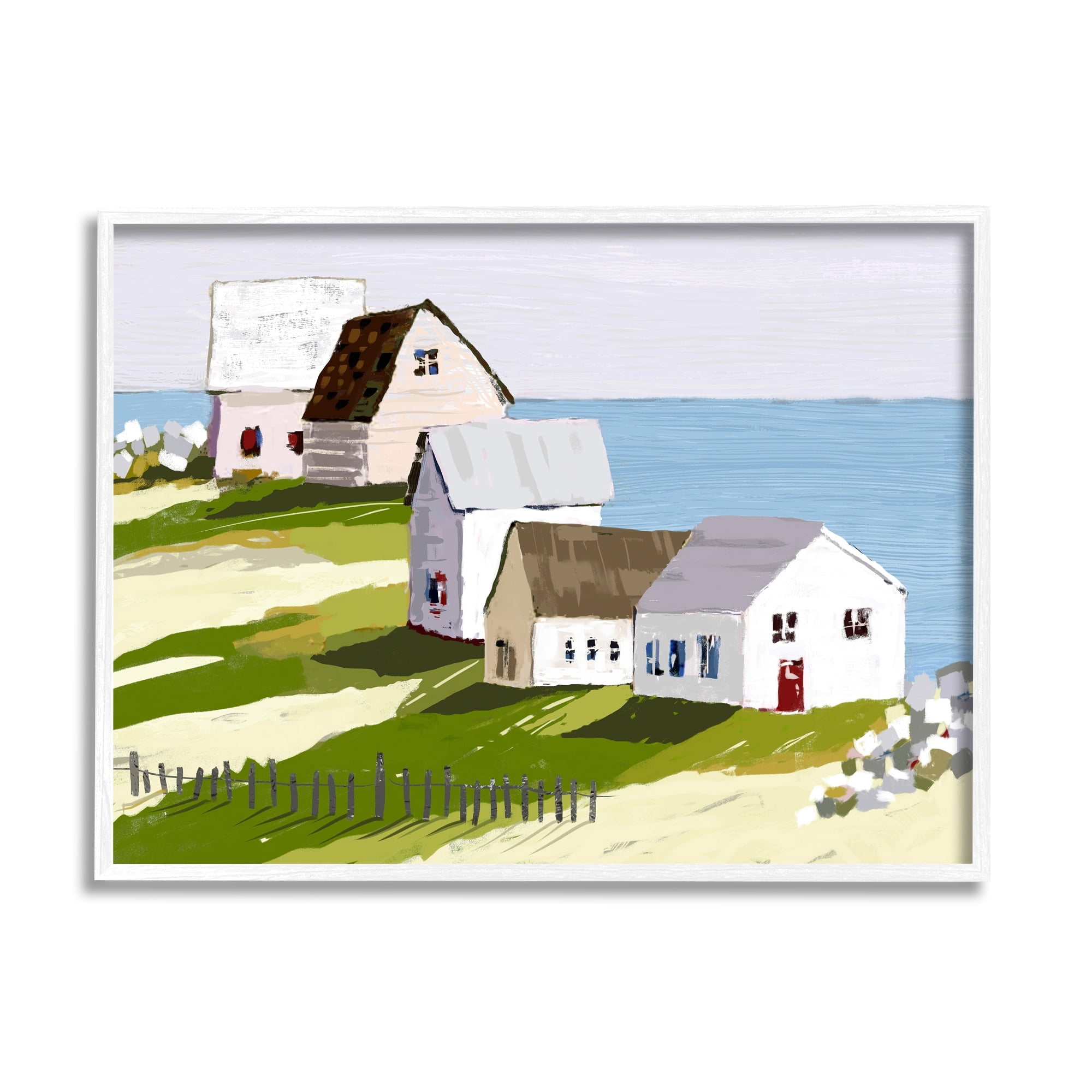 Stupell Industries Quaint Seaside Cottages Overlooking Vast Ocean Landscape Graphic Art White Framed Art Print Wall Art, Design by Tina Finn