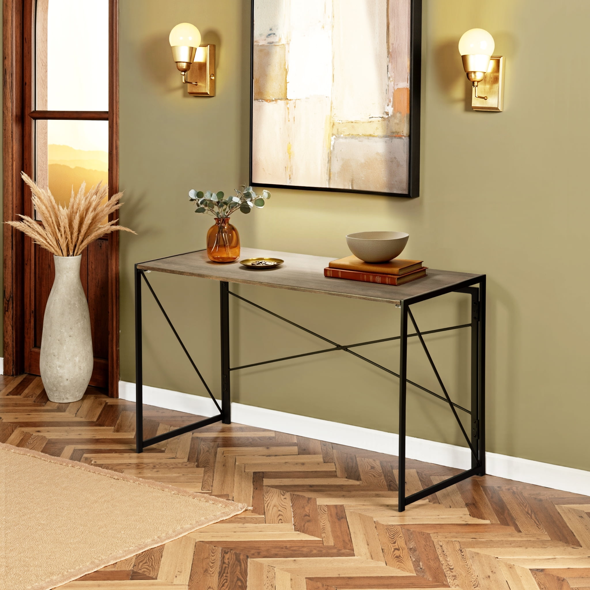 Homy Casa 47" Folding Table, Dark Walnut Wood Top with Black Metal X-Frame for Home Office or Dorm Use