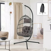 Patiorama Swing Egg Chair, Patio Wicker Rattan Hanging with Rope Back, Cushion, with Waterproof Furniture Cover, Foldable Hammock Indoor Outdoor Porch Camping, Dark Grey