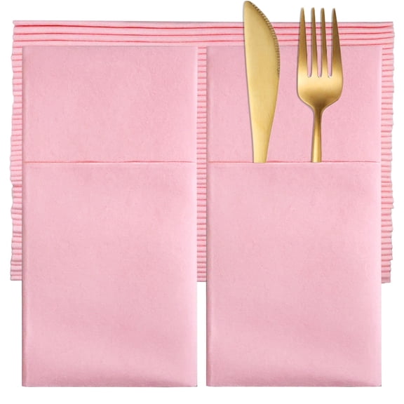 50 Pcs Pink Cutlery Pouch Napkins, Linen Feel Disposable Dinner Napkins with Utensil Holder, 15.75x15.75 in for Wedding & Party Events