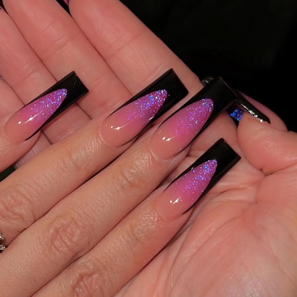 Uñas postizas BABALAL largas cuadradas French tip con glitter, 24 piezas