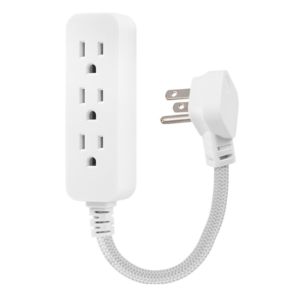 GE 3Outlet Grounded Extension Cord, Braided, 6in., Indoor, Gray/White