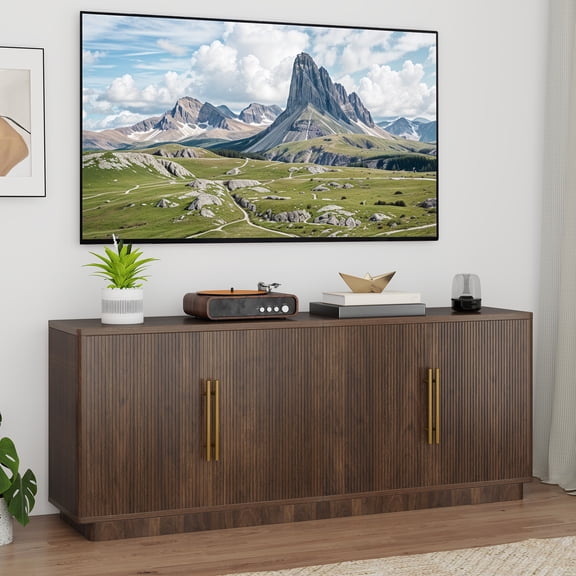ModFusion 70" Fluted TV Console with 4 Storage Doors, Suitable for TVs Up to 80 Inch, Modern Media Cabinet for Living Room and Apartment, Walnut