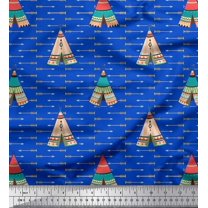 Soimoi Blue Japan Crepe Satin Fabric Tent & Arrow Tribal Printed Craft Fabric by the Yard 42 Inch Wide