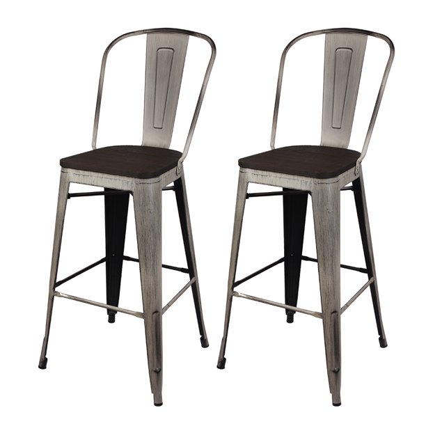 GIA Design Group 30 Inch High Back Metal Stool Chair with Dark Wood