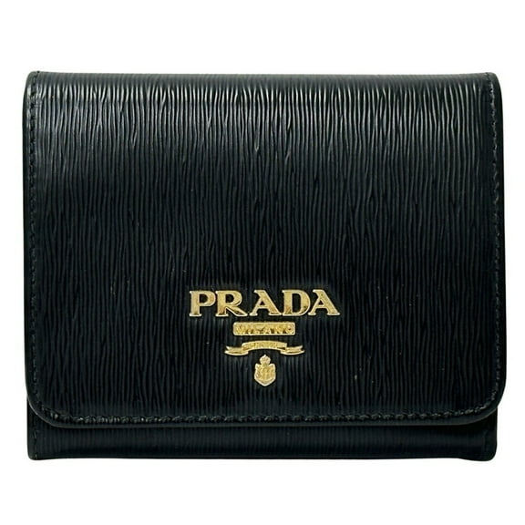 Pre-Owned Prada Women's Tri-fold Leather Wallet in Black and Gold, Compact Mini (Good)