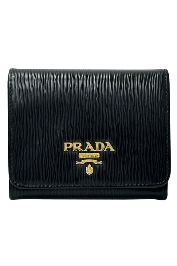 Pre-Owned Prada Women's Tri-fold Leather Wallet in Black and Gold, Compact Mini (Good)