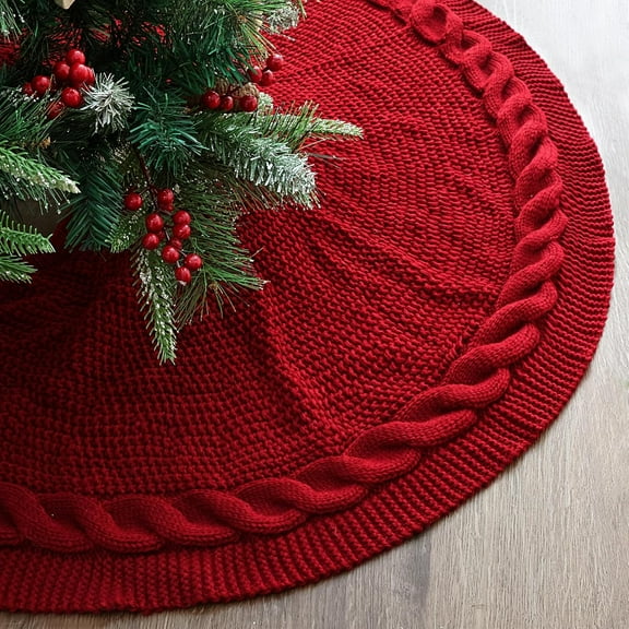 IBEEDOW Knitted Christmas Tree Skirt, 48 Inches Wine Red Tree Skirt, Chunky Cable Knit Thick Rustic Christmas Tree Decorations, Farmhouse Christmas Decor Xmas Holiday Home Party Decorations