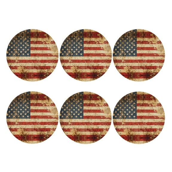 Retro Us America Flag Leather Drinks Coasters Suitable for Various Cups Set of 6 Round Shape