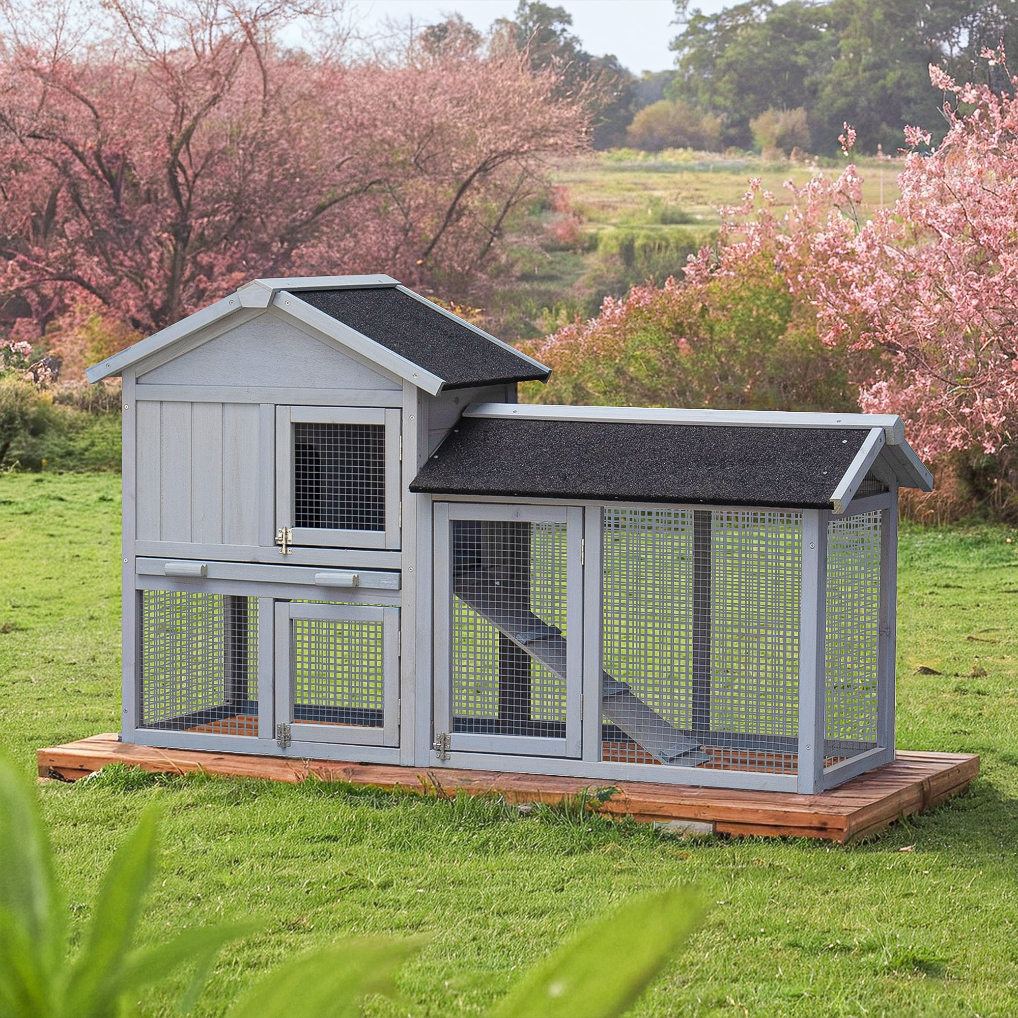 Pefilos 58" Wood Rabbit Cage Bunny Hutch with Run, Outdoor Pet House for Small Animals, Gray Pefilos 58" Wood Rabbit Cage Bunny Hutch with Run, Outdoor Pet House for Small Animals, Gray