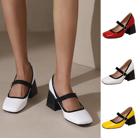 Jacenvly 2024 New Women's Rectangle Headed Single Shoes Buckle Candy Color Thick Heels and Light Mouth High Heels Red Sandals for Women