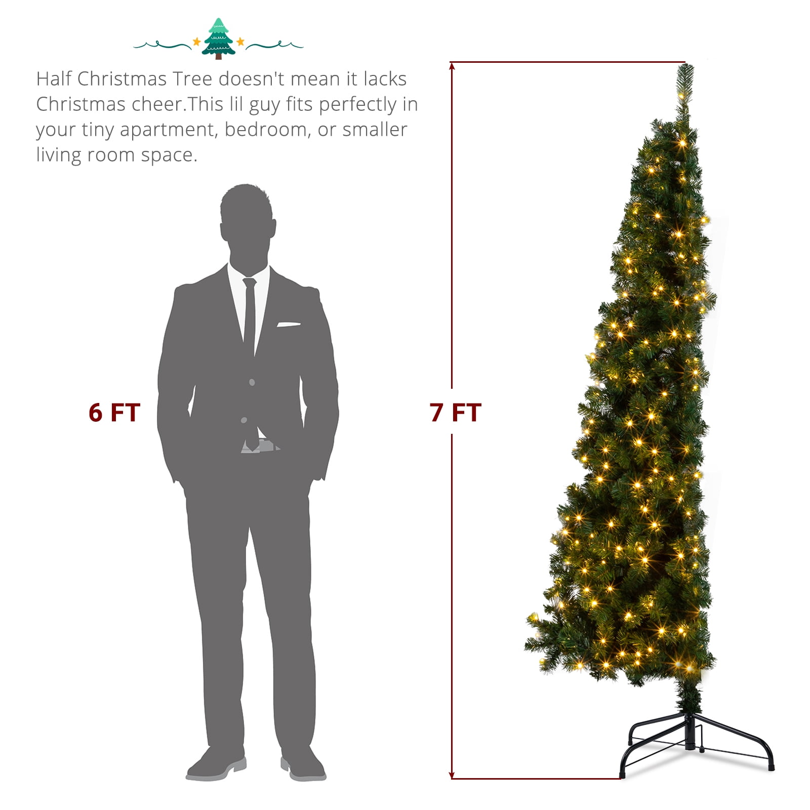 Astoutdoor 7 ft Half Christmas Tree with 230 LED Lights, 881 Branch Tips, Green PVC, Iron Bracket