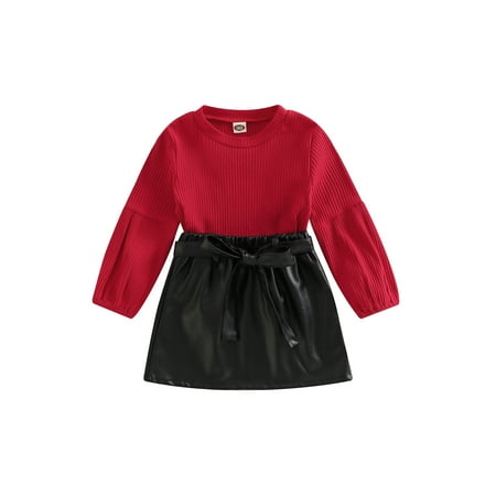 

Ma&Maby Toddler Baby Girl Casual Outfit Ribbed Long Sleeves T-shirt Tops and Leather A-line Skirt with Belt Set