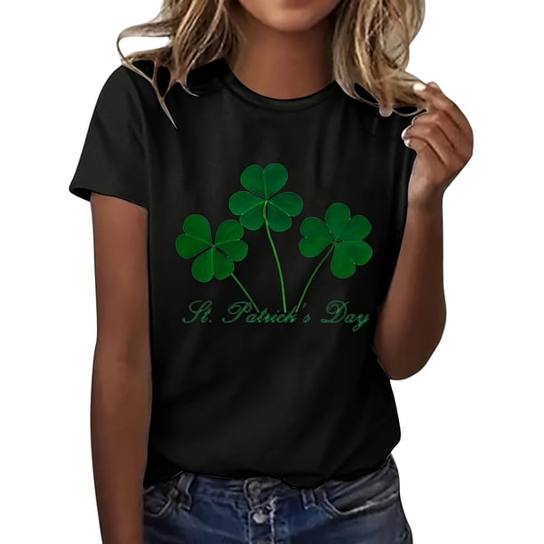 Women's St. Patrick's Day Clover Graphic T-Shirt - Casual Black Crew Neck Top with Green Shamrock Print, Soft Short Sleeve