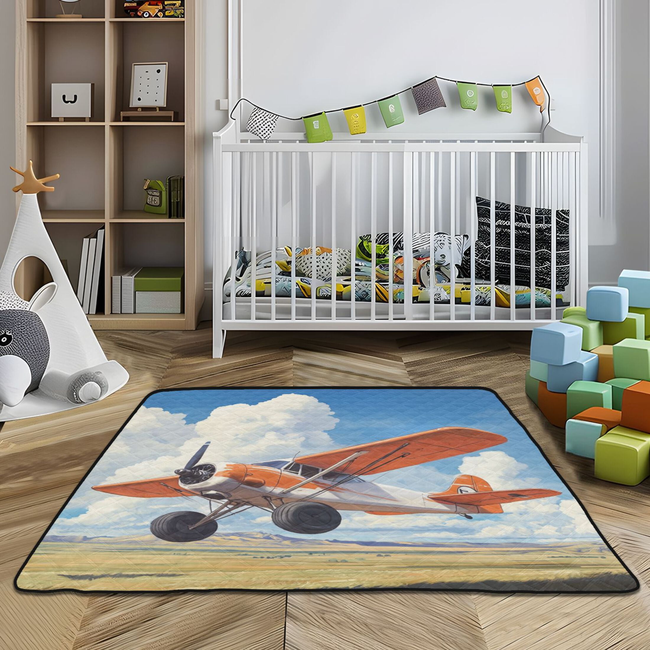 WOBOGO A Airplane Flies over The Mongolian Steppe Baby Playmats Extra Large Waterproof Rollable Activity Pads for Toddlers 50×50inch