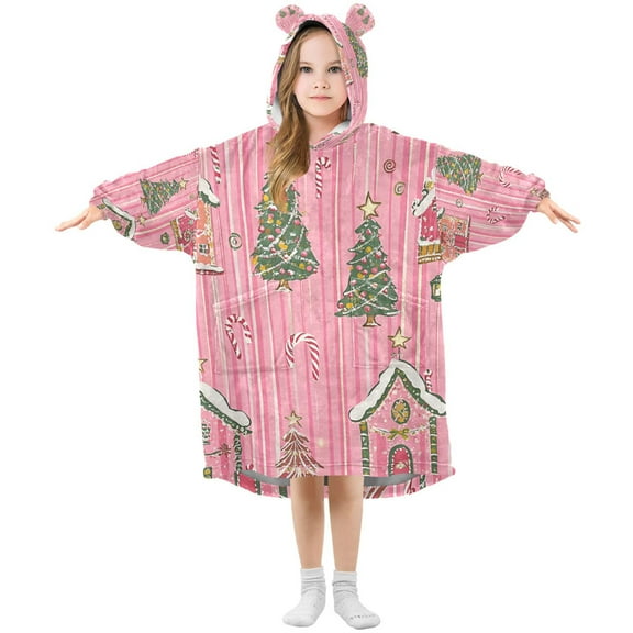 FORMRS Wearable Blanket Hoodie with Sleeves for Kids Cozy Flannel Sweatshirt, Pink Gingerbread House