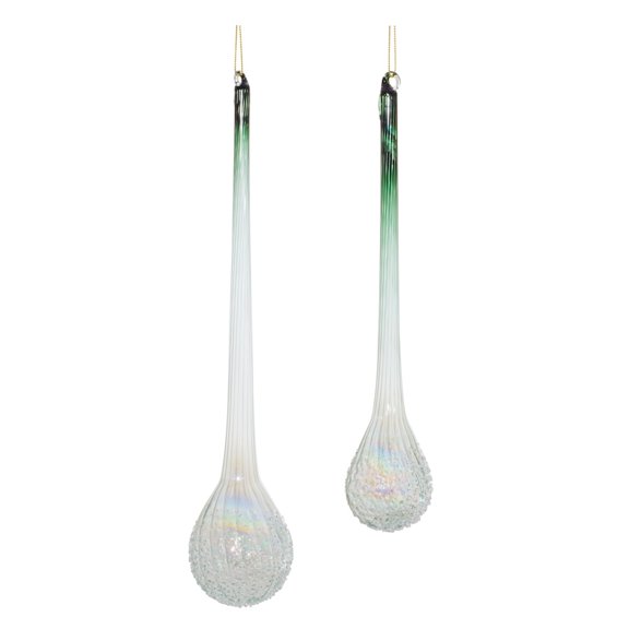 Melrose Pearl Finish Ribbed Icicle Drop Glass Christmas Ornaments - 12" - Green and White - 12ct