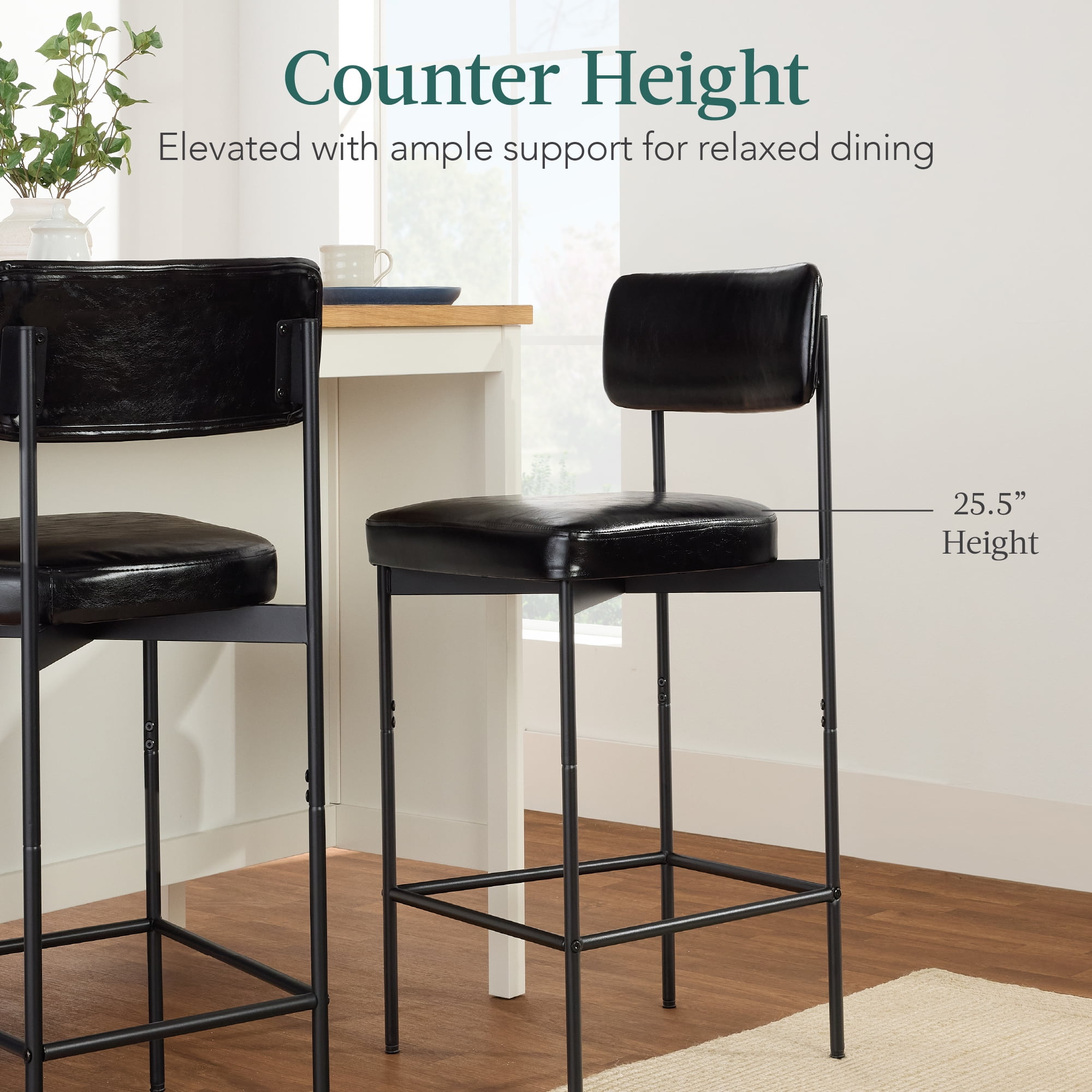 Best Choice Products Set of 2, Armless Counter Height Bar Stools, Modern PU Faux Leather Stools - Midnight Black