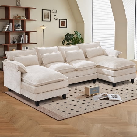 JONPONY109.45" U Shaped Couch,Oversized 4 Seat Sectional with 4 Waist Pillows, Convertible Upholstery Symmetrical Sofá,Sleeper Sofa Couch with Double Chaise Lounge &Memory Foam for Living Room, Beige