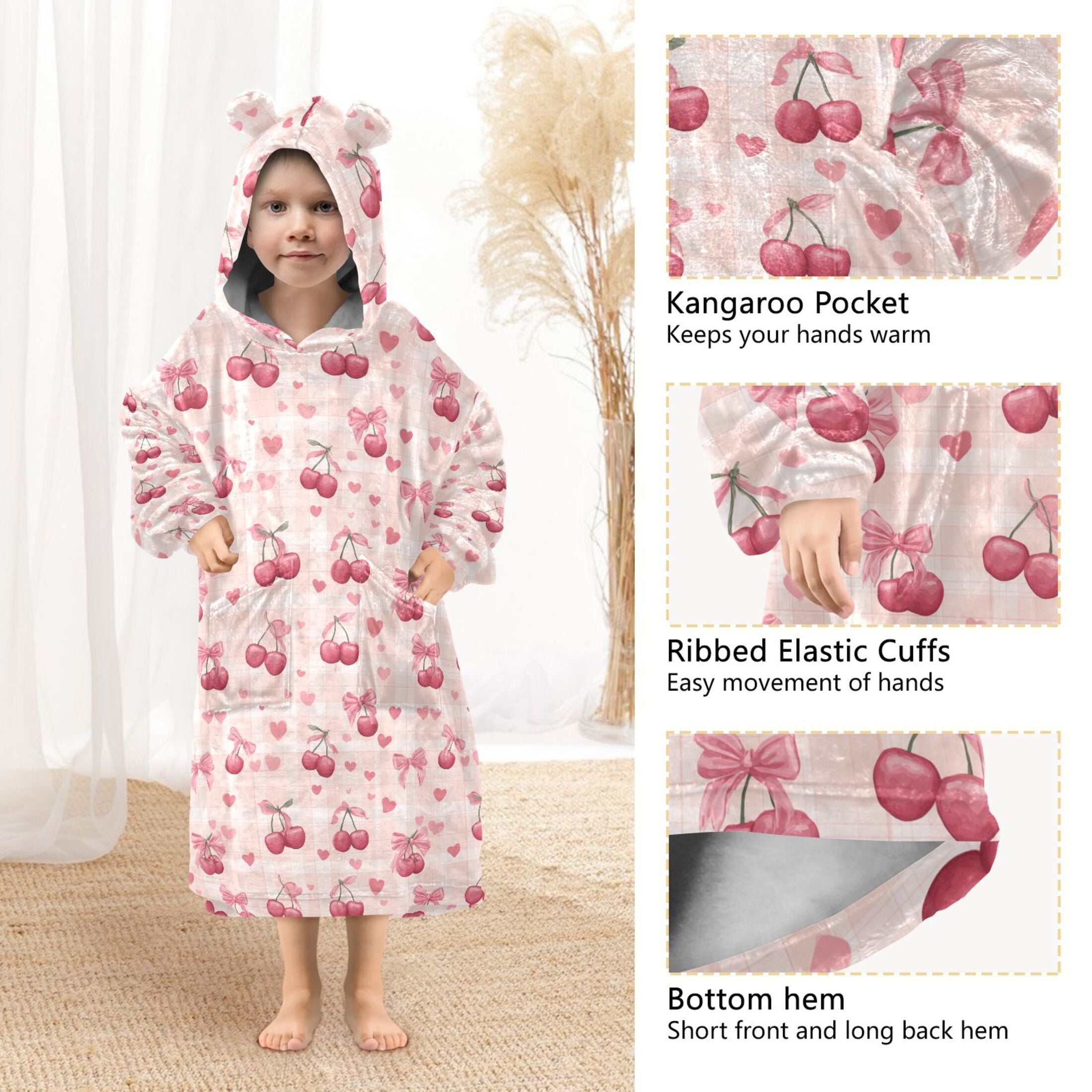 Wearable Blanket Hoodie for Kids Cute Pink Cherries with Bows Flannel Hooded Blanket with Pockets and Sleeves Suitable for Boys and Girls