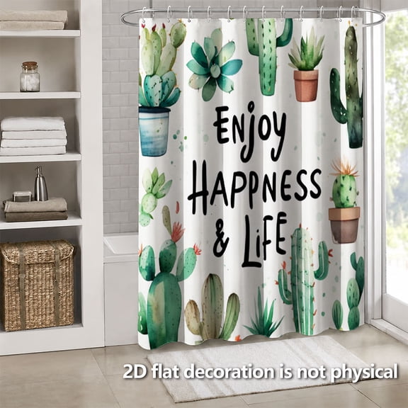 Hoease Cactus Succulent Enjoy Happiness & Life Quote Shower Curtain, 71W x 71L Inch Waterproof Fabric Bathroom Curtain with 12 Hooks, Boho Plant Bath Decor