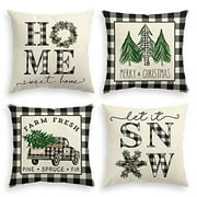 AVOIN colorlife Christmas Buffalo Plaid Snow Farm Fresh Truck Throw Pillow Cover, 18 x 18 Inch Winter Home Sweet Home Holiday Cushion Case Decoration for Sofa Couch Set of 4