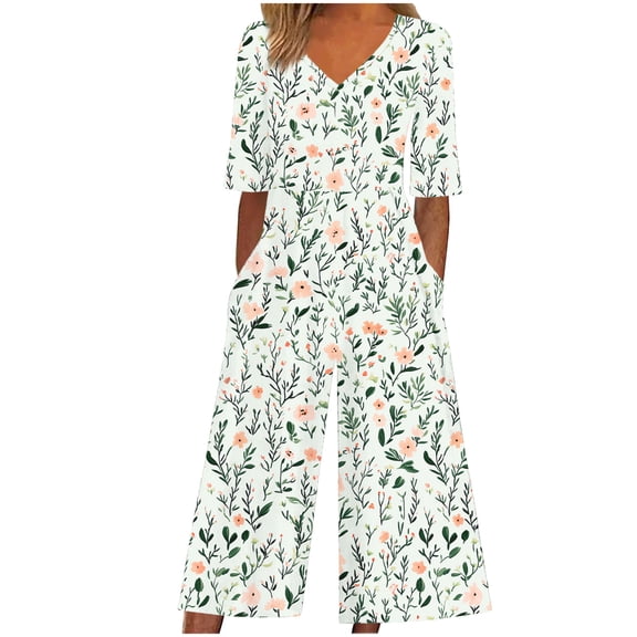 Qiopertar Women Summer Floral Print Casual Short Sleeve V-Neck Jumpsuit Back Zipper Side Pocket Loose Fit Vacation Beach Travel Romper Pants, Green S