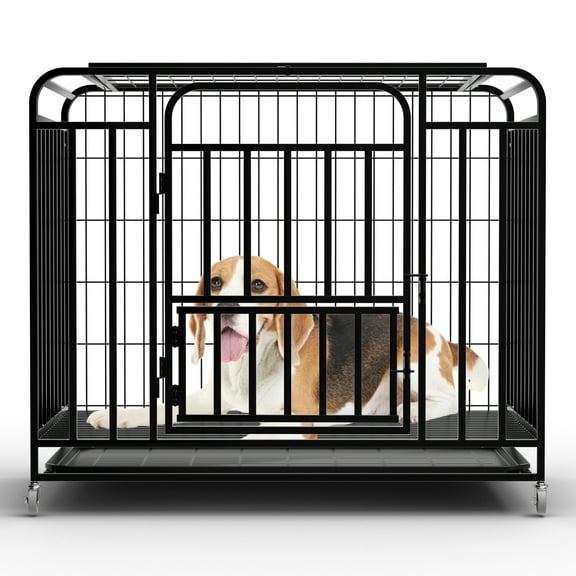 43’’ Indestructible Extra Large Dog Crate Double Door, Escape-Proof Easy Clean Heavy Duty Dog Crate for Anxiety Dogs, Lockable Wheels Dog Kennel for Large and Medium Dogs