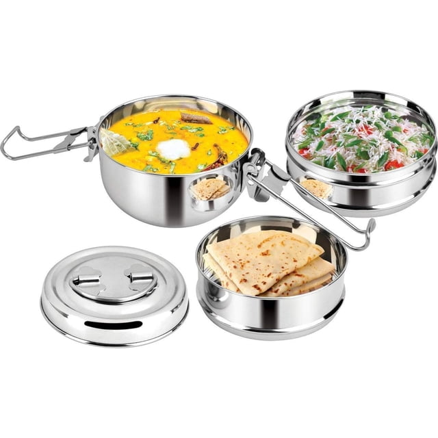 Stainless Steel Traditional Indian Lunch Box, Food Container,Indian Tiffin, Food storage container,Office Use (3 Tier Lunch Box), MEDIUM