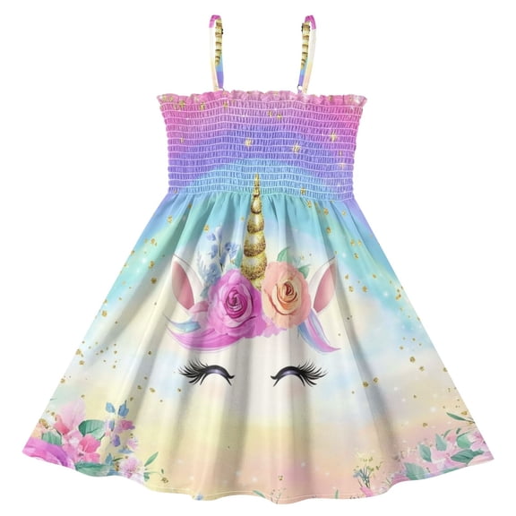 joogoo Girls' Unicorn with Rainbow Print Cami Dress Kids Sleeveless Smocked A-Line Sundress for 5-6 Years Casual Summer Swing Dresses
