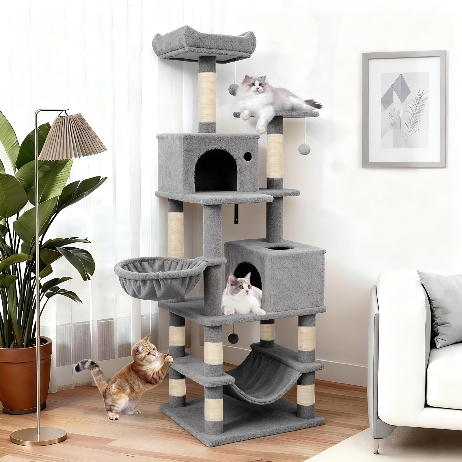 Gymax 66'' Tall Cat Tree w/2 Condos Sisal Scratching Posts Plush Perch Hammock Basket Light Gray