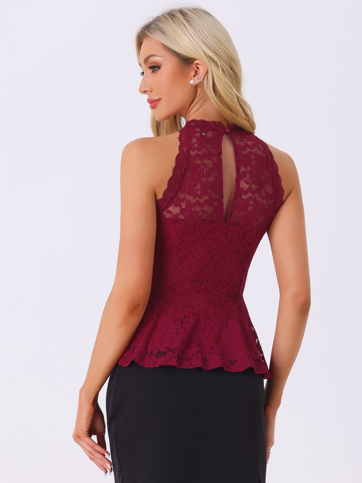DARING DIVA Women's Lace Tops Sheer Sleeveless Tank Top XL Burgundy