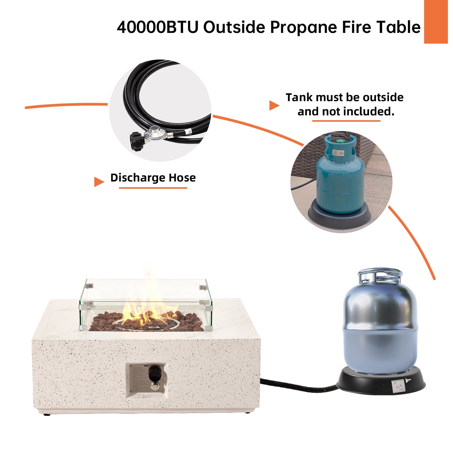VENTOPYR 35''Outdoor Square Propane Fire Pit Table,Terrazzo White Faux Stone Fire Pit Set with Wind Guard