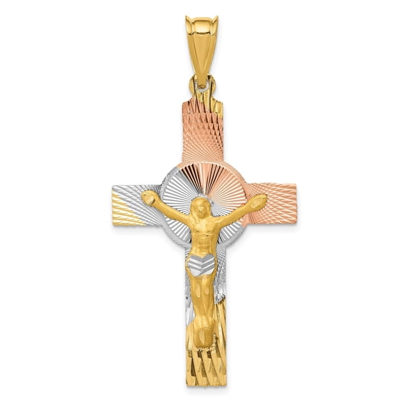 14k Multi-Tone Gold Crucifix Cross Pendant Charm, Diamond-Cut Religious Jewelry