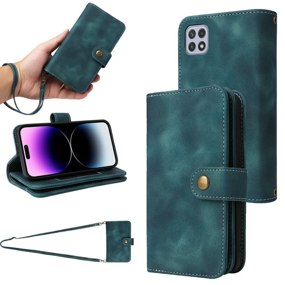 Compatible with Samsung Galaxy A22 5G Wallet Case, [6 Card Slots] Removable Adjustable Crossbody Necklace Lanyard Shoulder Strap Zipper PU Leather Case for Samsung Galaxy A22 5G,Blue