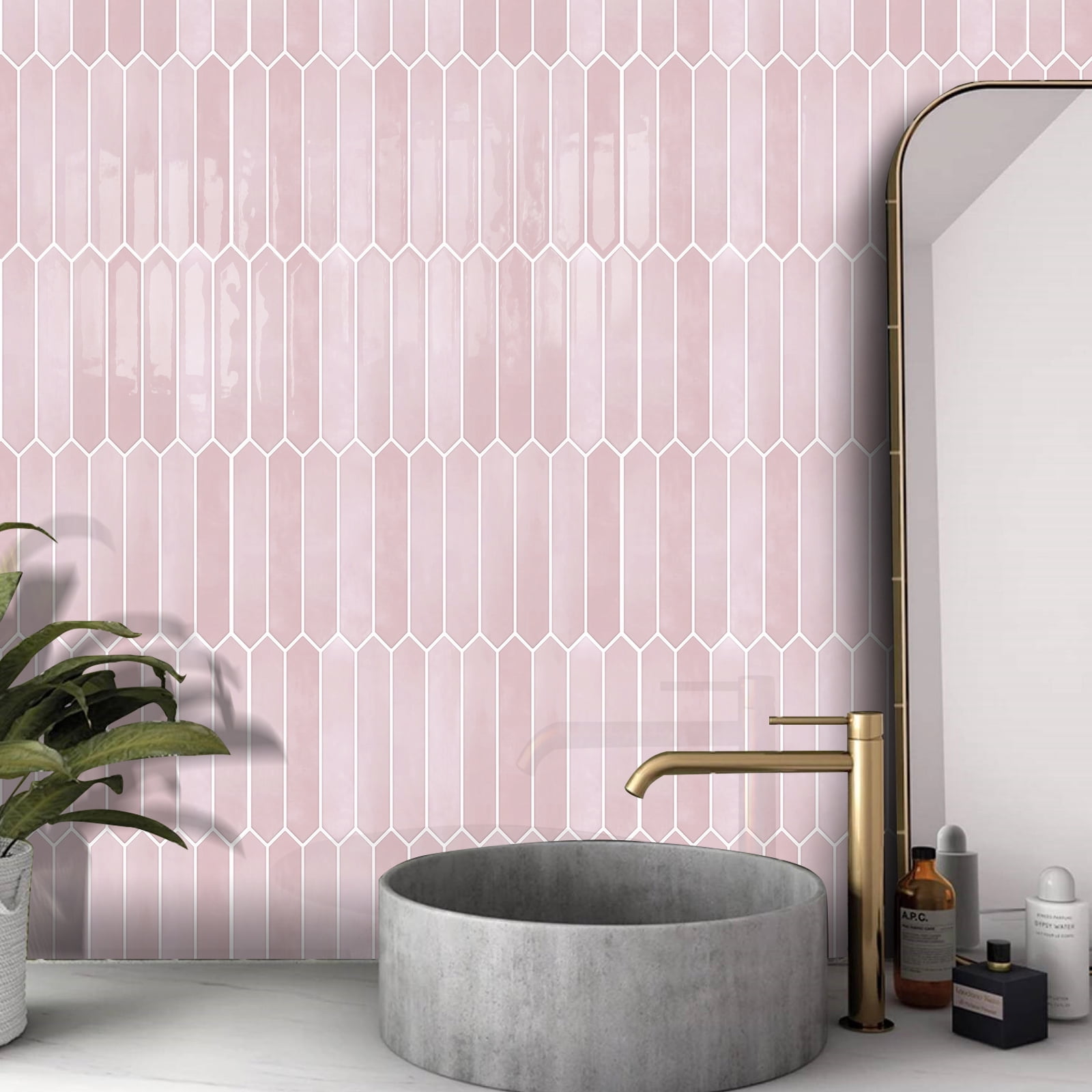 DEWOO Pink Long Hexagon Tile Peel and Stick Backsplash, 10 Sheets Self-Adhesive Wall Tiles Stick on Back Splash for Kitchen, Bathroom, Fireplace,RV(12"×12")