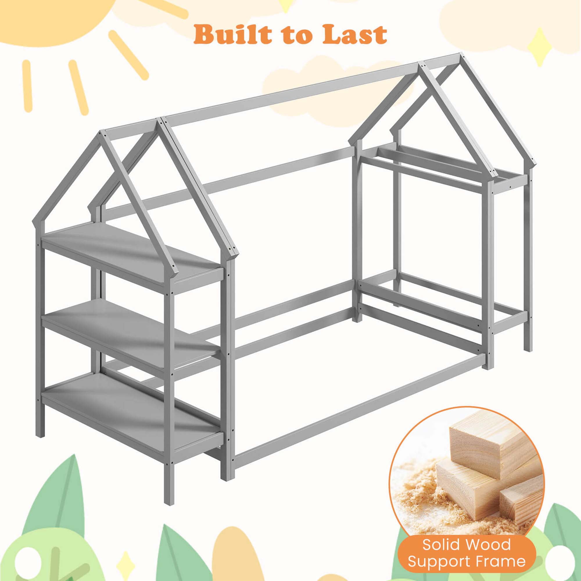 Costway Twin Size House Bed Montessori Floor Bed with Detachable Storage Shelves Gray