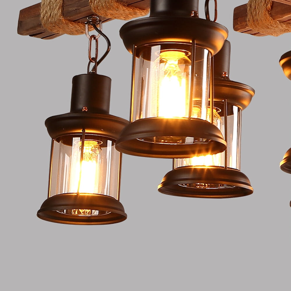 Rustic Wood Pendant Light Wooden Light Fixtures, 8 Lights Height Adjustable Farmhouse Chandelier Vintage Pendant Hanging Ceiling Lamp for Dining Table, Vintage Kitchen, Bar, Island, Billiard