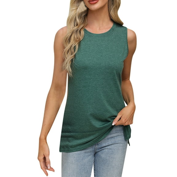 Long Tank Tops For Women Sevevn Ladies' Loose Casual Solid Color Round Neck Slit Sleeveless Top Spaghetti Strap Tank Top