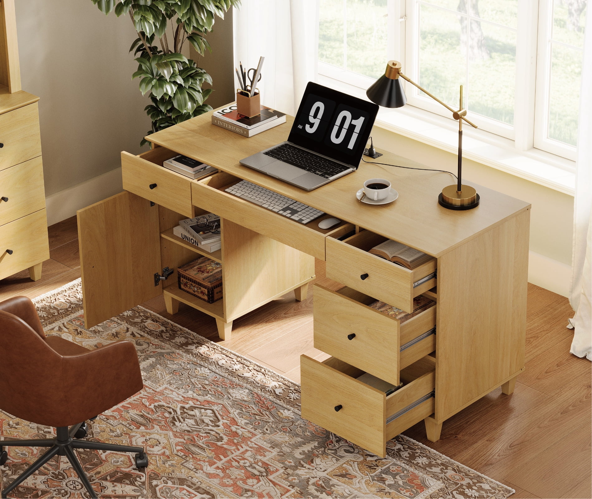 58" Executive Desk with 5 Drawers and 1 Door, Modern Farmhouse Home Office Computer Table with Charging Station, Oak