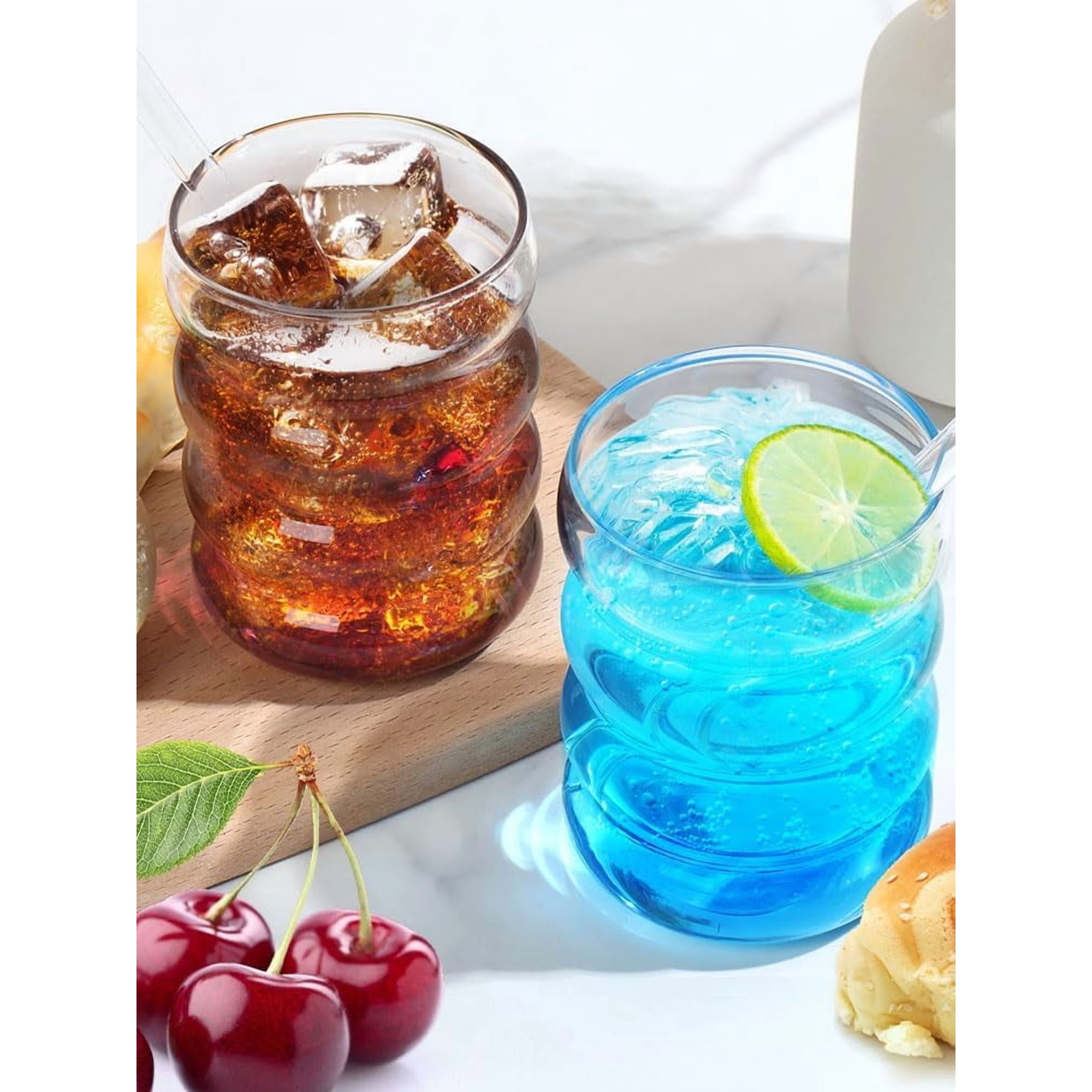 Iced Coffee Boba Tea Cups 4-Pack Ribbed Glass Tumblers With Lids & Straws,  20oz Vintage Style Cups For Iced Coffee, Boba, Cocktails & More - Green  Beer Glasses 20 Oz
